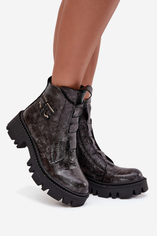 Kožené s lakovým efektom Dámske čižmy s ozdobami zahriať sa Artiker 57C2081 sivá