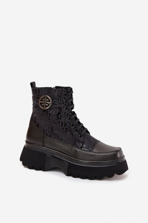 Kožené Dámske čižmy s platformou so spismi I Ozdobnym Detalem Artiker 57C2273 čierna