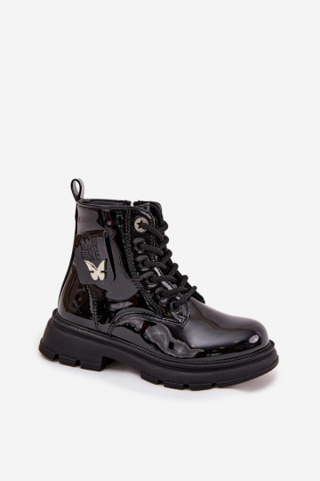 zahriať sa Čižmy deti Zapnuté Hrad s lakovým efektom čierna Alverina