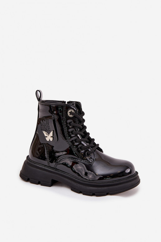 zahriať sa Čižmy deti Zapnuté Hrad s lakovým efektom čierna Alverina