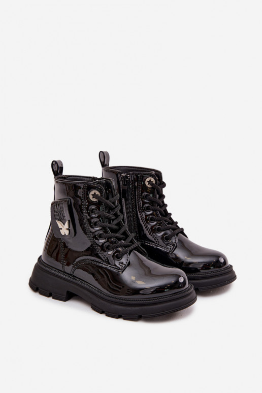 zahriať sa Čižmy deti Zapnuté Hrad s lakovým efektom čierna Alverina