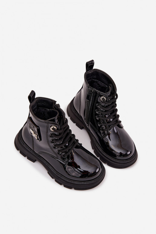 zahriať sa Čižmy deti Zapnuté Hrad s lakovým efektom čierna Alverina