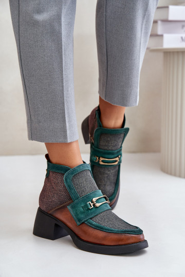 Kožené Dámske čižmy Zapnuté masívnych opätkoch s ozdobami Máciejka A6747-29 hnedá-zelená farba