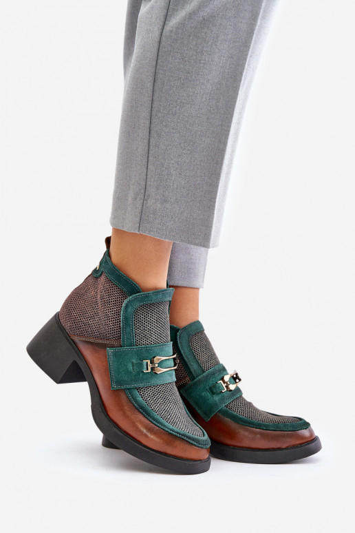 Kožené Dámske čižmy Zapnuté masívnych opätkoch s ozdobami Máciejka A6747-29 hnedá-zelená farba Kožené Dámske čižmy Zapnuté masívnych opätkoch s ozdobami Máciejka A6747-29 hnedá-zelená farba