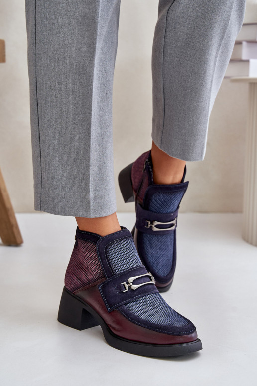 Kožené Dámske čižmy Zapnuté masívnych opätkoch s ozdobami Máciejka A6747-23 bordováIno-tmavomodrá Kožené Dámske čižmy Zapnuté masívnych opätkoch s ozdobami Máciejka A6747-23 bordováIno-tmavomodrá