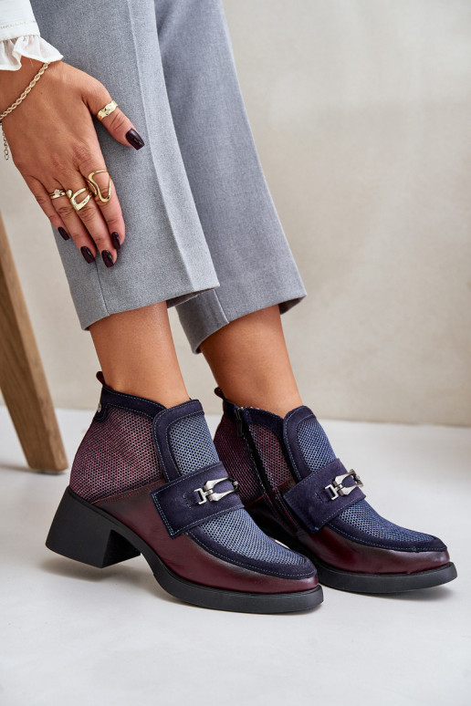 Kožené Dámske čižmy Zapnuté masívnych opätkoch s ozdobami Máciejka A6747-23 bordováIno-tmavomodrá Kožené Dámske čižmy Zapnuté masívnych opätkoch s ozdobami Máciejka A6747-23 bordováIno-tmavomodrá