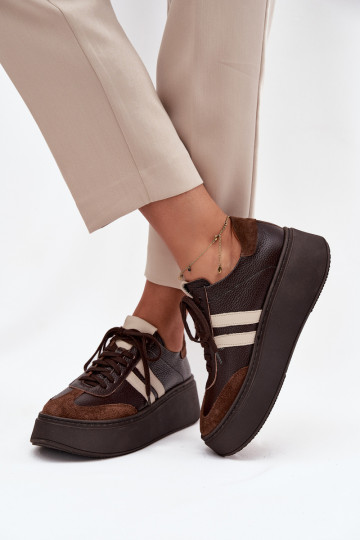 Kožené Tenisky model obuvi Dámske s platformou Zazoo 3775 CzekoladoIne 2