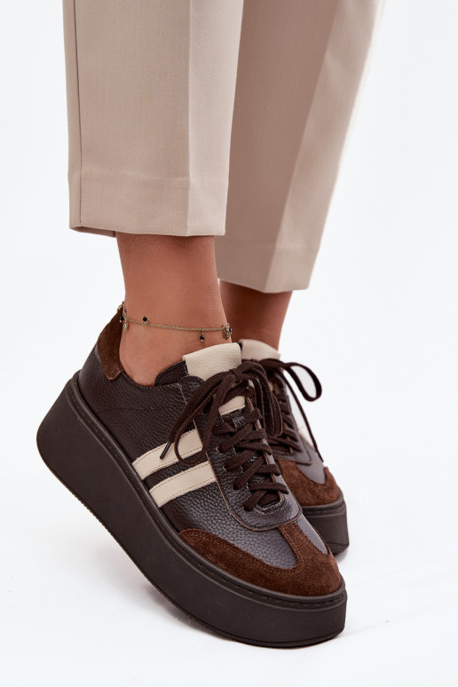 Kožené Tenisky model obuvi Dámske s platformou Zazoo 3775 CzekoladoIne