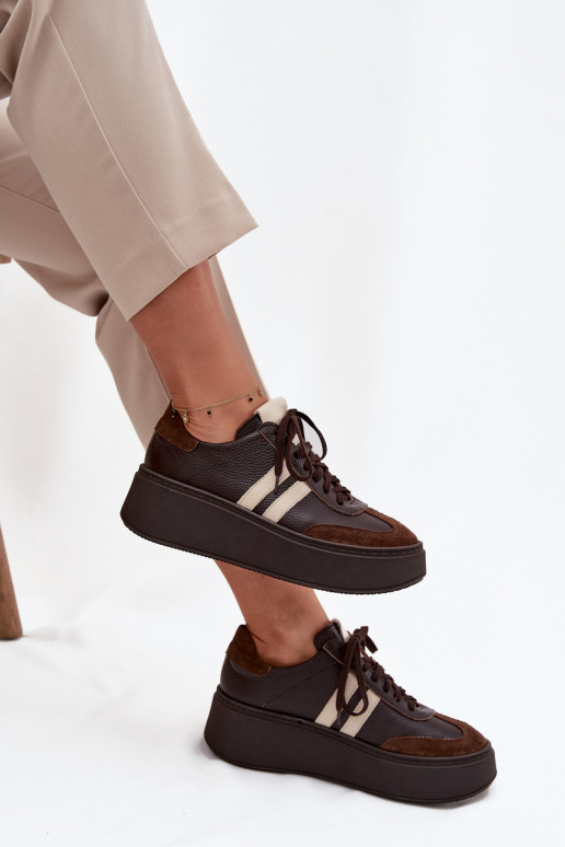 Kožené Tenisky model obuvi Dámske s platformou Zazoo 3775 CzekoladoIne