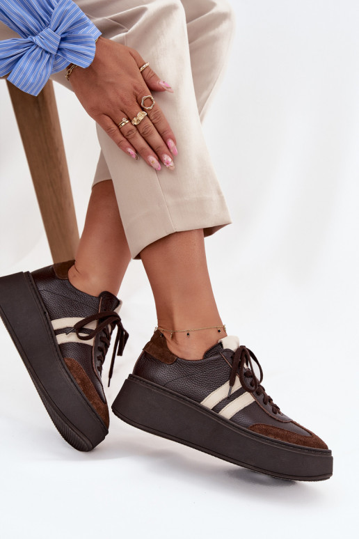 Kožené Tenisky model obuvi Dámske s platformou Zazoo 3775 CzekoladoIne