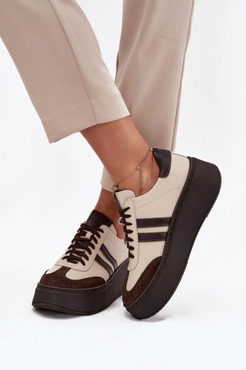 Kožené Tenisky model obuvi Dámske s platformou Zazoo 3775 béžová-CzekoladoIne
