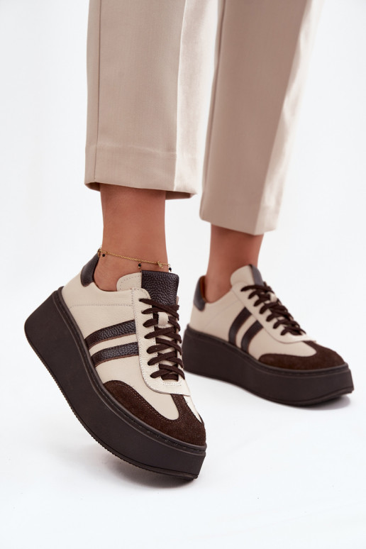 Kožené Tenisky model obuvi Dámske s platformou Zazoo 3775 béžová-CzekoladoIne