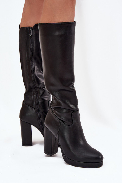 Dámske vysoké topánky do pol pása s podpätkami, z eko kože, čierne Thalina