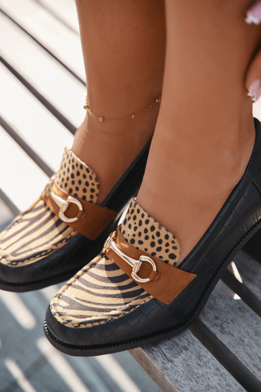 Módne dámske vysoké podpätky s vzorom a zlatými detailmi, čierno-pieskové, Novella