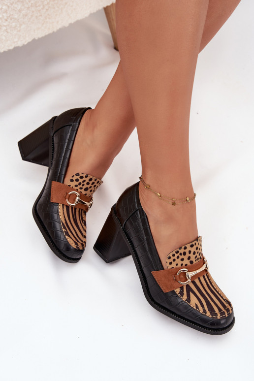 Módne dámske vysoké podpätky s vzorom a zlatými detailmi, čierno-pieskové, Novella