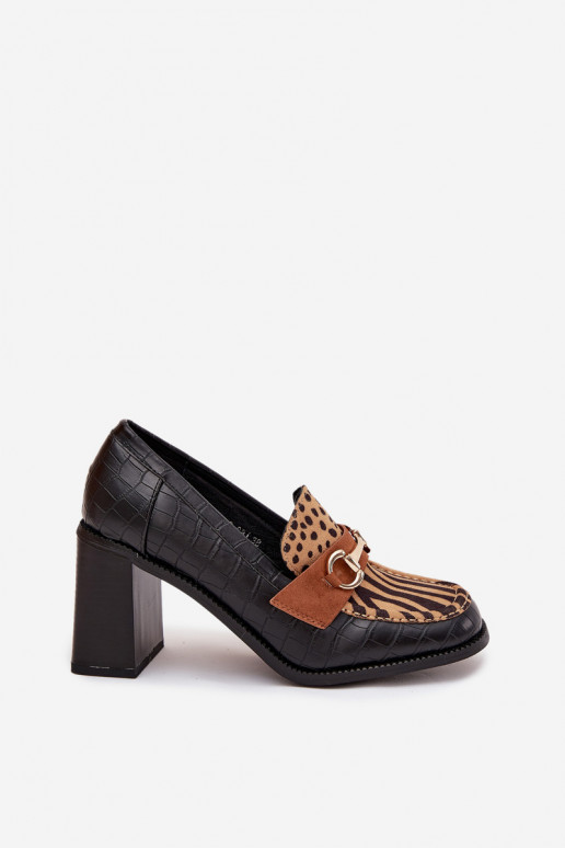 Módne dámske vysoké podpätky s vzorom a zlatými detailmi, čierno-pieskové, Novella