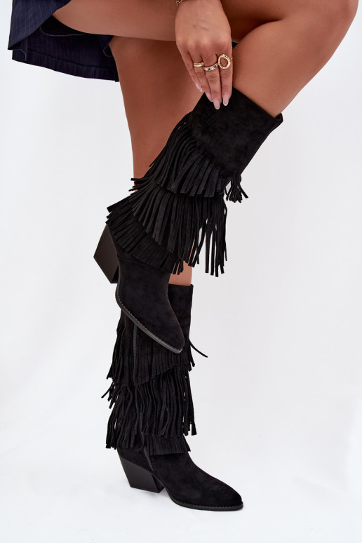 Pašiltění černé vysoké boty v cowboyském stylu s třásněmi, Brivina