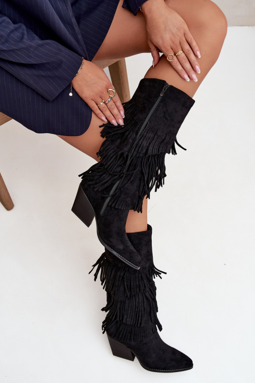 Pašiltění černé vysoké boty v cowboyském stylu s třásněmi, Brivina