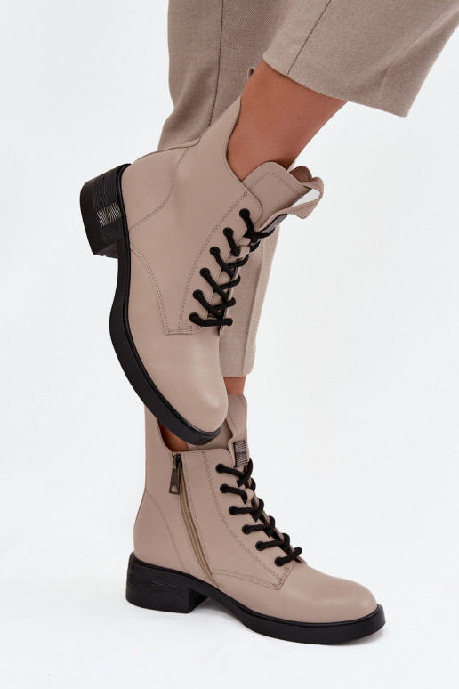 Kožené Dámske čižmy Zapnuté nízkom opätku Vinceza 66818 béžová