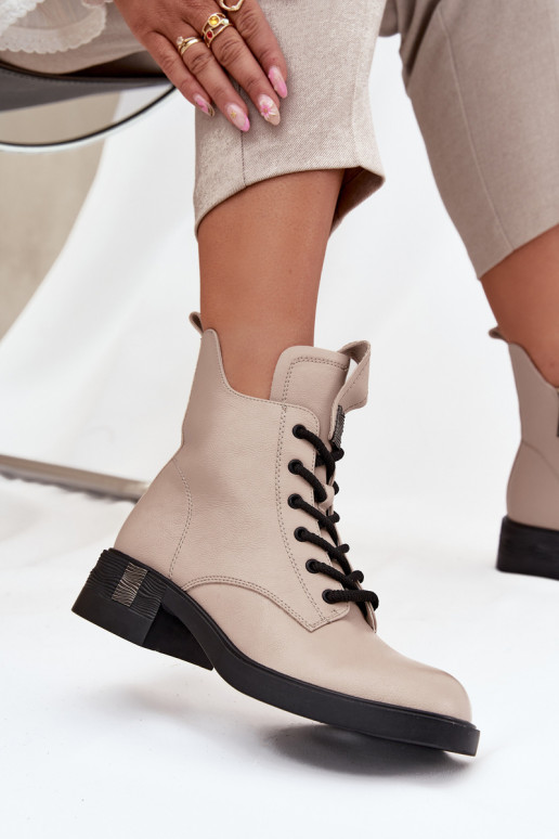 Kožené Dámske čižmy Zapnuté nízkom opätku Vinceza 66818 béžová