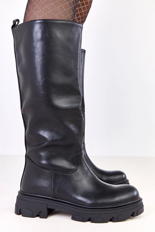 Čierne nazúvacie dlhé čižmy z umelej...