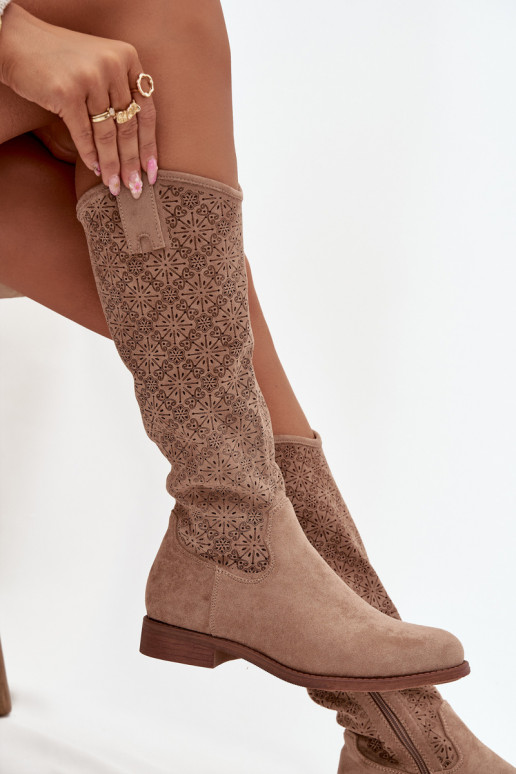 dámske čižmy s prvkami prelamovania so širokými podpätkami S.Barski HY52-534 béžová