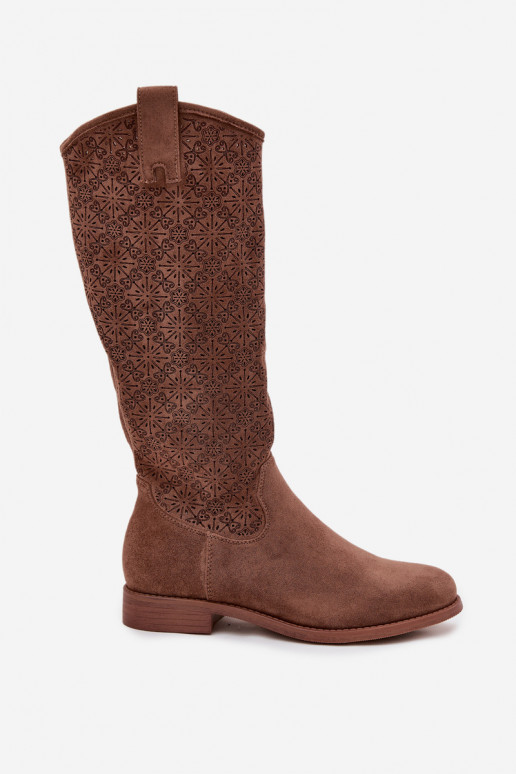 dámske čižmy s prvkami prelamovania so širokými podpätkami S.Barski HY52-534 Hnedá farba