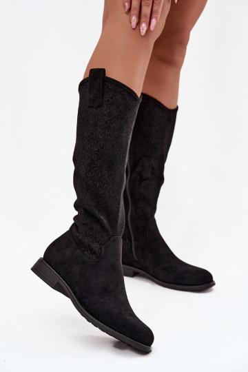 dámske čižmy s prvkami prelamovania so širokými podpätkami S.Barski HY52-534 čierna