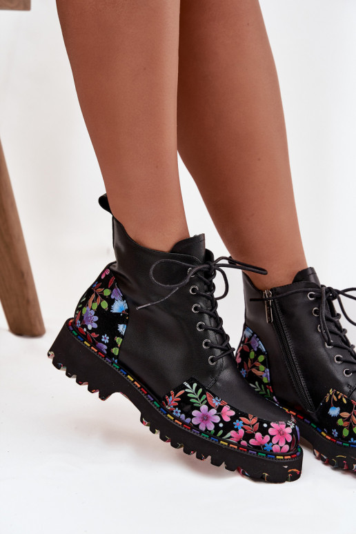 Kožené Dámske čižmy S kvetmi zahriať sa Artiker 57C0180 čierna