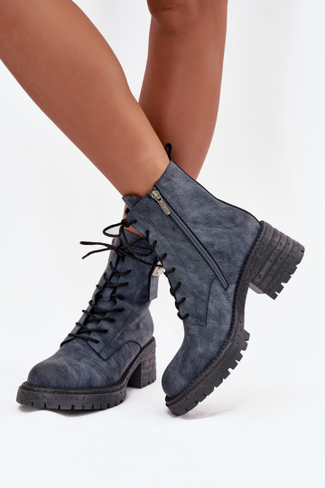 Kožené Pracovné členkové topánky Dámske Zapnuté Klocku S Ornatem Detalem Artiker 57C0212 Modrá