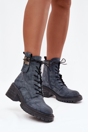 Kožené Pracovné členkové topánky Dámske Zapnuté Klocku S Ornatem Detalem Artiker 57C0212 Modrá 2