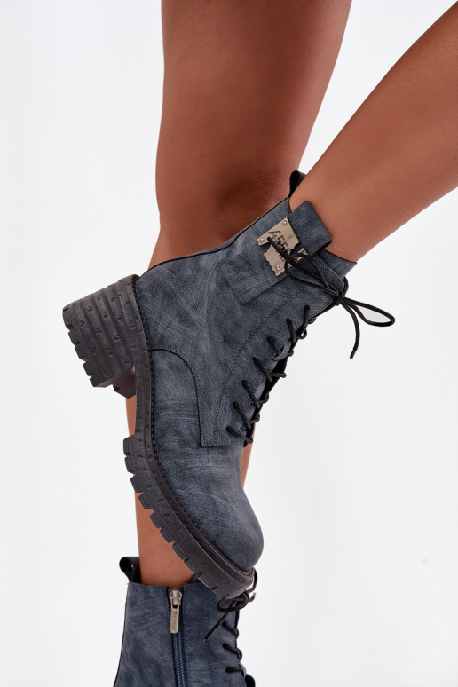 Kožené Pracovné členkové topánky Dámske Zapnuté Klocku S Ornatem Detalem Artiker 57C0212 Modrá