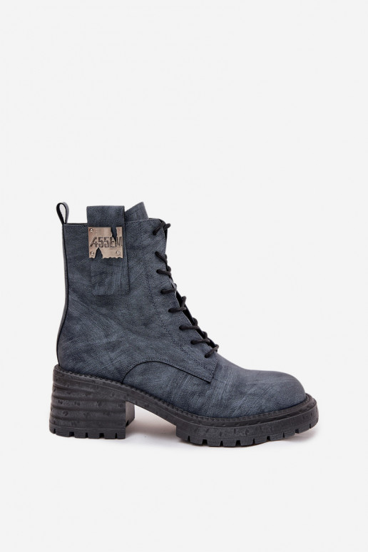 Kožené Pracovné členkové topánky Dámske Zapnuté Klocku S Ornatem Detalem Artiker 57C0212 Modrá