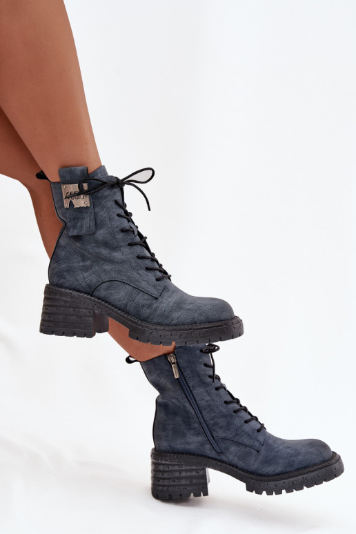 Kožené Pracovné členkové topánky Dámske Zapnuté Klocku S Ornatem Detalem Artiker 57C0212 Modrá