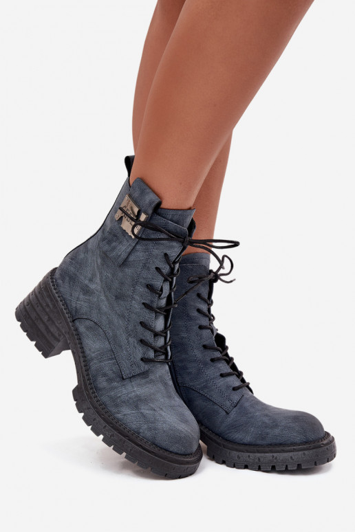 Kožené Pracovné členkové topánky Dámske Zapnuté Klocku S Ornatem Detalem Artiker 57C0212 Modrá