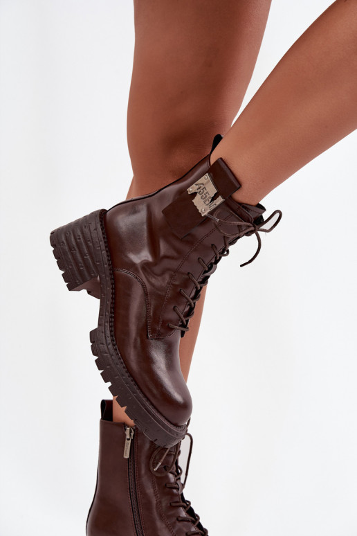 Kožené Pracovné členkové topánky Dámske Zapnuté Klocku S Ornatem Detalem Artiker 57C0213 Hnedá farba