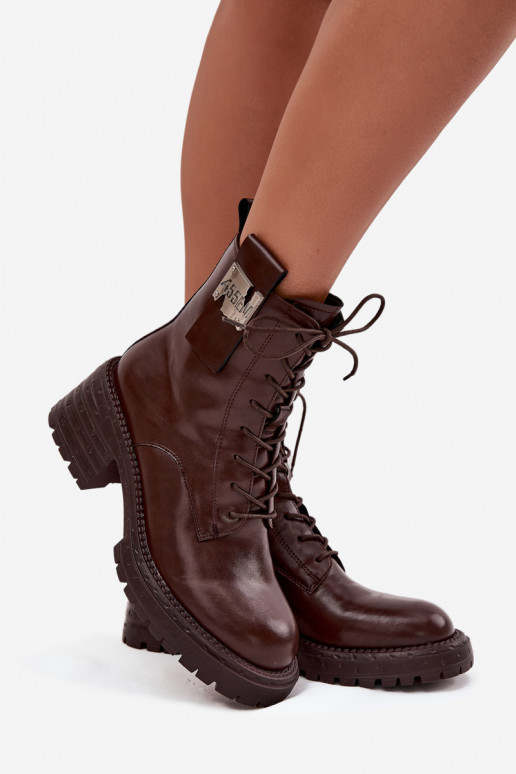 Kožené Pracovné členkové topánky Dámske Zapnuté Klocku S Ornatem Detalem Artiker 57C0213 Hnedá farba