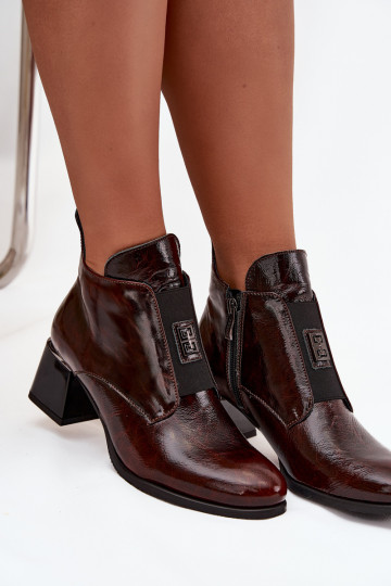 Kožené s lakovým efektom Čižmy Zapnuté Klocku S Ornatem Detalem zahriať sa Zazoo 60560 tmavohnedá