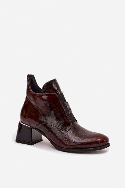 Kožené s lakovým efektom Čižmy Zapnuté Klocku S Ornatem Detalem zahriať sa Zazoo 60560 tmavohnedá