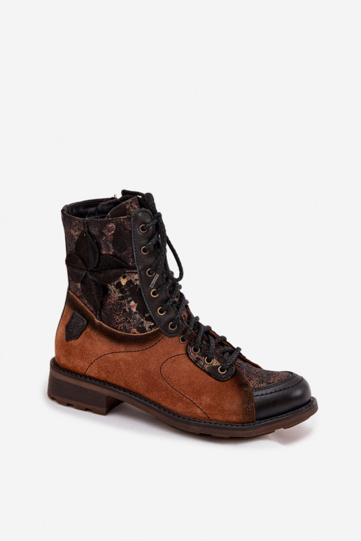 Kožené Dámske čižmyZapnutéturalnej Skóry so širokými podpätkami Máciejka 07004-29 Hnedá farba