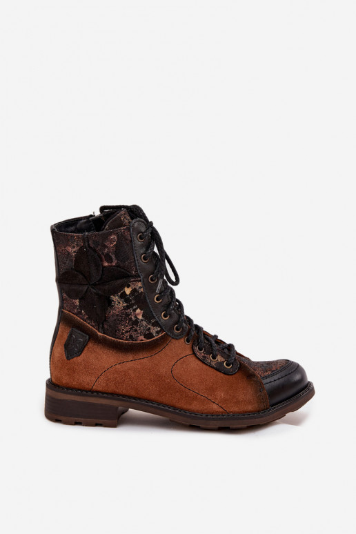 Kožené Dámske čižmyZapnutéturalnej Skóry so širokými podpätkami Máciejka 07004-29 Hnedá farba