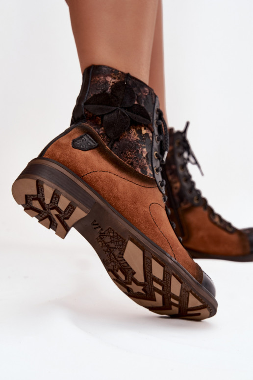 Kožené Dámske čižmyZapnutéturalnej Skóry so širokými podpätkami Máciejka 07004-29 Hnedá farba