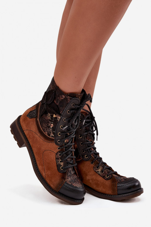 Kožené Dámske čižmyZapnutéturalnej Skóry so širokými podpätkami Máciejka 07004-29 Hnedá farba