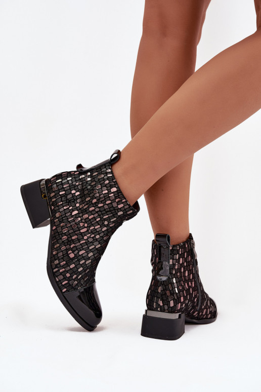 s lakovým efektom Dámske čižmyZapnutéturalnej Skóry Zapnuté nízkom opätku D&A LZ52-960 čierna