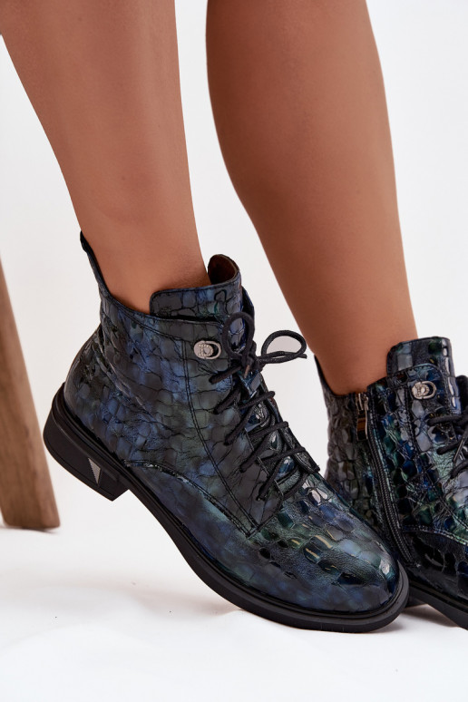 s lakovým efektom Dámske čižmyZapnutéturalnej Skóry D&A LZ52-962 tmavomodrá