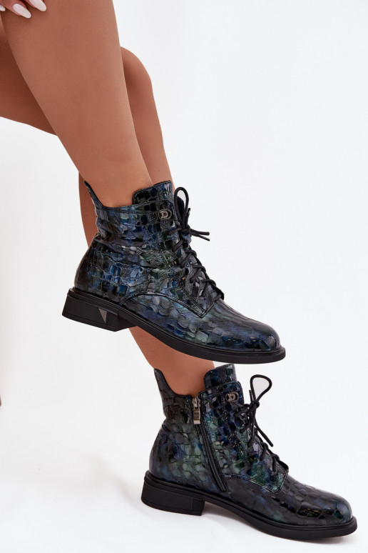 s lakovým efektom Dámske čižmyZapnutéturalnej Skóry D&A LZ52-962 tmavomodrá