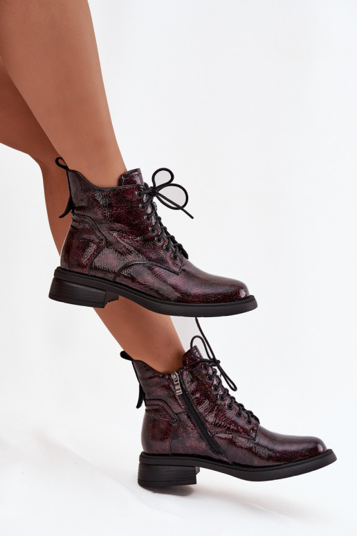 s lakovým efektom Kožené Dámske čižmy Zapnuté Klocku D&A LZ52-954 bordová