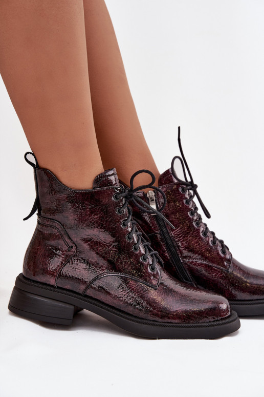 s lakovým efektom Kožené Dámske čižmy Zapnuté Klocku D&A LZ52-954 bordová