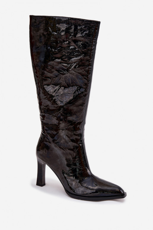 Kožené s lakovým efektom dámske čižmy s podpätkami zahriať sa D&A CR52-716 čierna