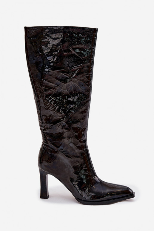 Kožené s lakovým efektom dámske čižmy s podpätkami zahriať sa D&A CR52-716 čierna